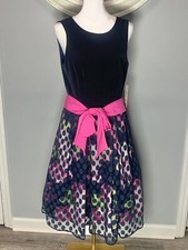 NWT $188 Eliza J Womens Faille Navy Polka Dot Tulle Overlay Sash Dress Size 8
