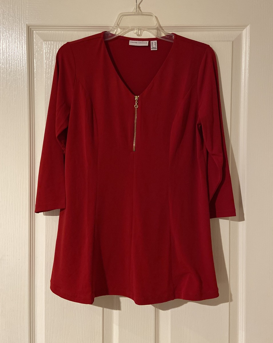 Susan Graver Liquid Knit Fit and Flare Top with Zipper Bright Red