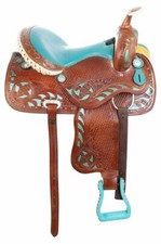 Western Blue Saddle Barrel Racing Crystal Leather Horse Trail Pleasure Set
