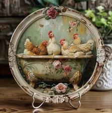 Metal Sign  Wreath Center  4 HENS IN FLORAL CONTAINER  Spring Summer  8 x 8