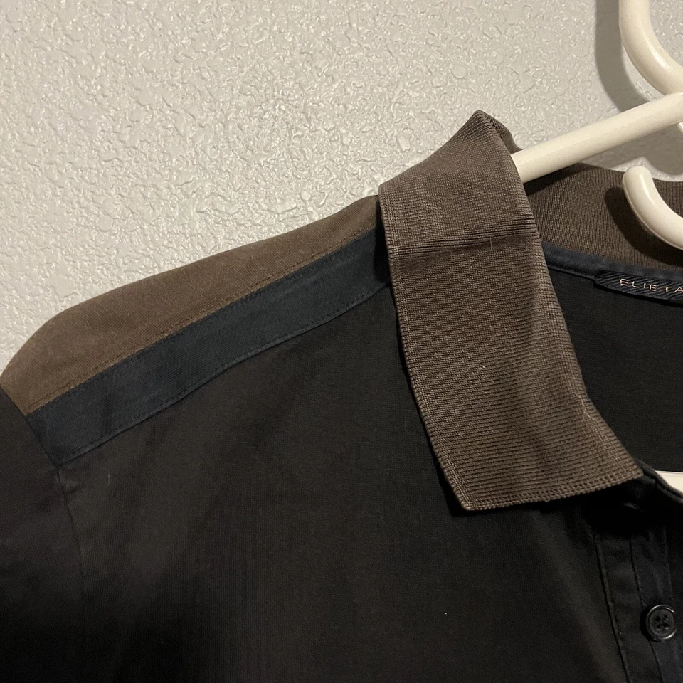Elie Tahari Black Polo Shirt With Brown Collar and Neck Trim Size Medium - Image 3 of 4