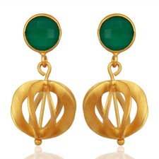 Green Onyx Gemstone Filigree Ball Designer 925 Silver Gold Plated Earrings