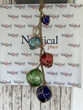 6 Glass Fishing Floats On Rope - Multi Color Fish Net Buoy Ball, Nautical Decor