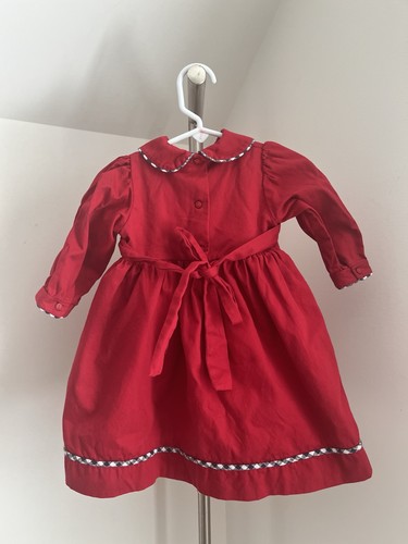 Vintage Baby Mädchen rot L/S Urlaub bestickt Kleid Slip Tie 12 Monate - Bild 2 von 8