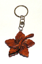 Hawaii Hibiscus Flower Keychain Wood Carved Fob Hawaiian Souvenir Key Ring HI
