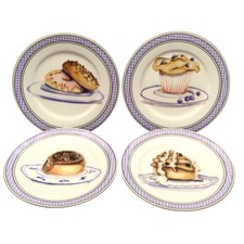 American Atelier Dessert Plate Set 4 Muffin Pie Pecan Roll 8.25" Blue White Box