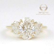 Moissanite Three Stone Engagement Ring 3.15 Carat Oval Cut Solid 14K Yellow Gold