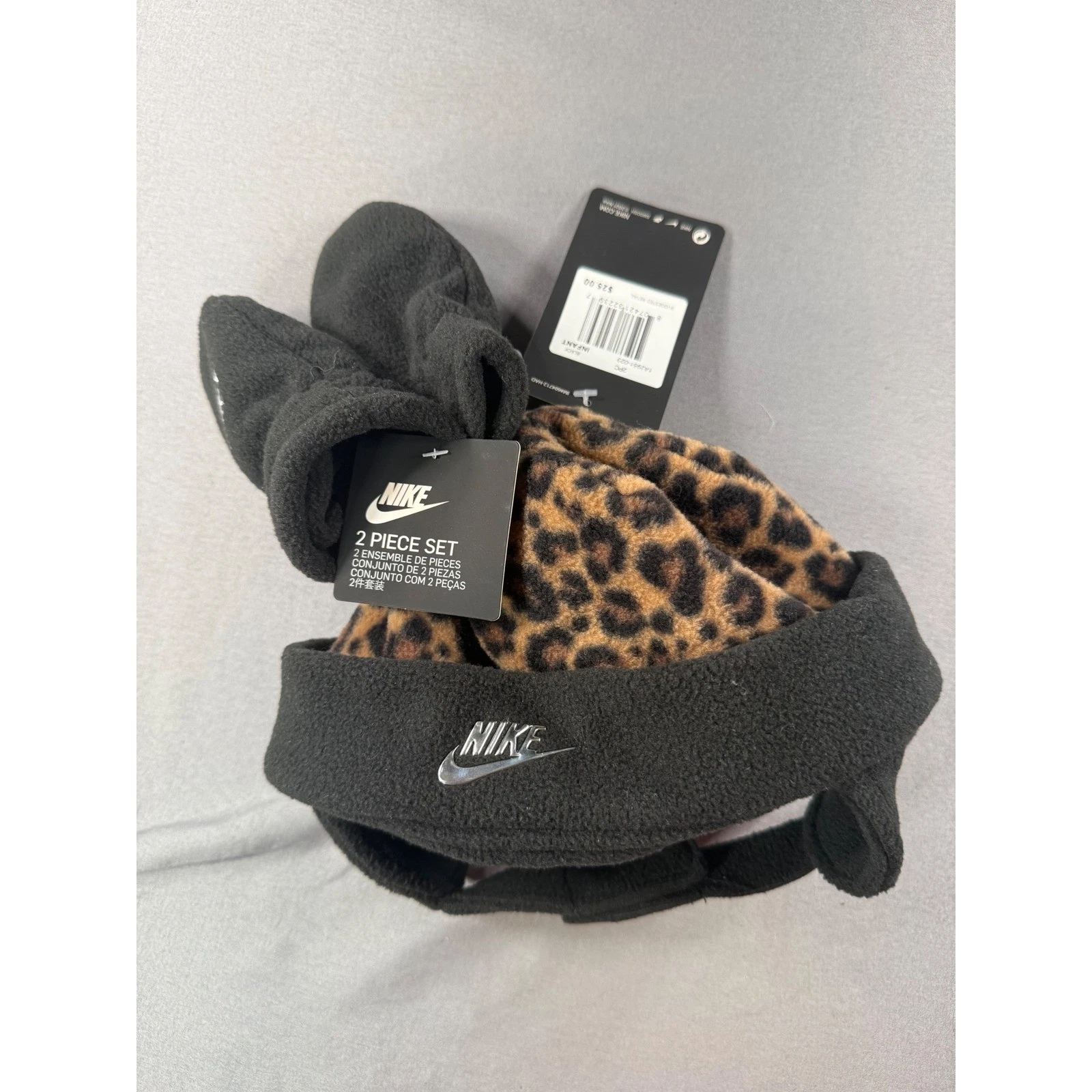 NWT Nike Infant Beanie + Mittens Black Leopard Print Fleece 1A2951-023