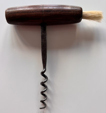 Vintage Antique Wood Handle Corkscrew with Brush, Engraved W. Webster Sheffield 