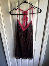 Secret Treasures Black Lace Red Floral Trim Sheer Chemise Size Large 12-14 