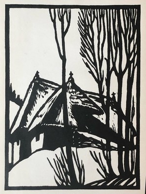 Lily Wiessner-Zilcher (1894-xx) Holz-/Linolschnitt  Berghütte  ~1925. Größe 17,7