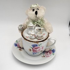 Vintage Floral Porcelain Teacup  Saucer W/Teddy Bear Decorative