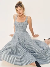 NWT REFORMATION Balia Linen Midi Dress Slate Check 4P Small  $278 Anthropologie