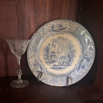 Vintage J Challinor Priory Blue Transferware Plate 10'' Staffordshire Antique