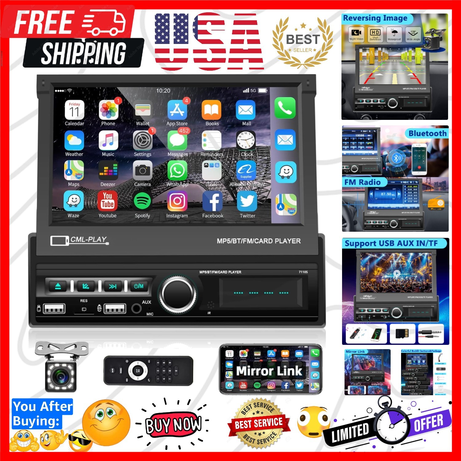 Single Din Touchscreen Car Stereo 7 Inch Motorized Flip Out Screen Car Radio ...