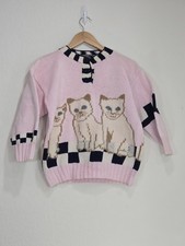 VTG Berek Cats Sweater Pink Three Fuzzy Cats Hand Knit No Size Tag READ