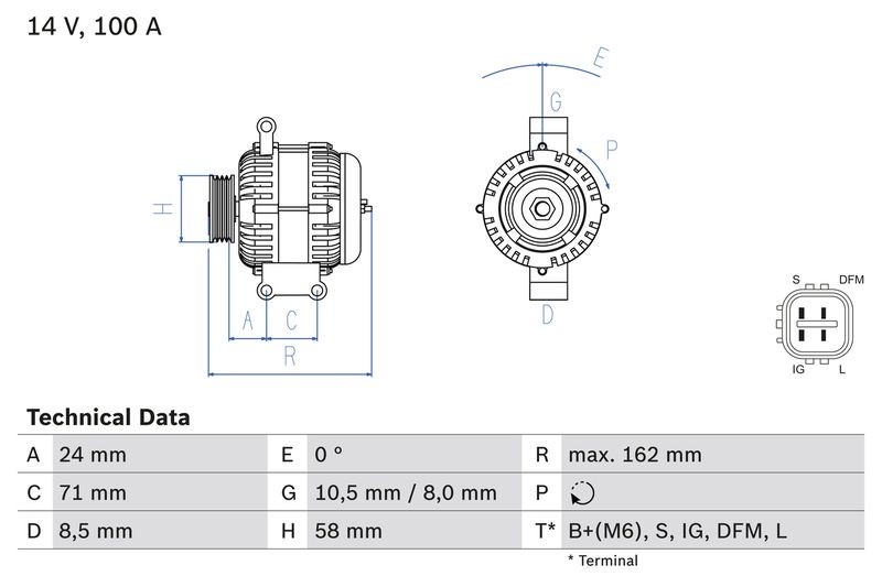 BOSCH 0986082080 Alternator 162mm Length Clockwise Rotation Fits Toyota Auris