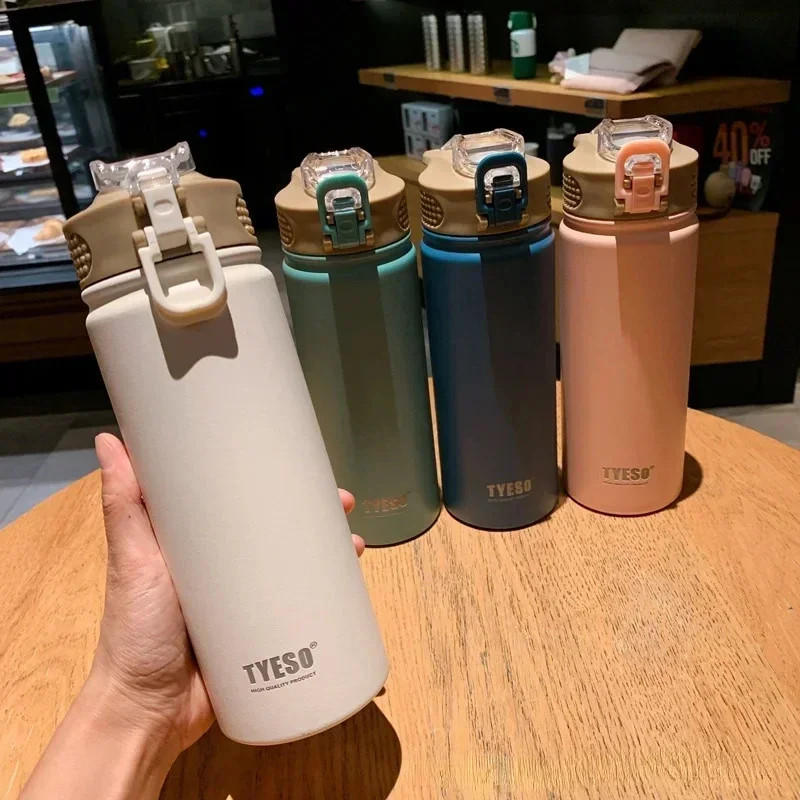 TYESO 600/750ML Thermos Bottle With Straw Stainless Steel Car Thermal Cup  Sports