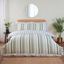 Maya Frilled Stripe Cotton Rich Quilt Duvet Set Single Double King Green