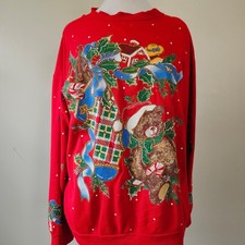 Vintage 80s Puff Holiday Christmas Teddy Bear Stocking Winter Sweatshirt USA M/L