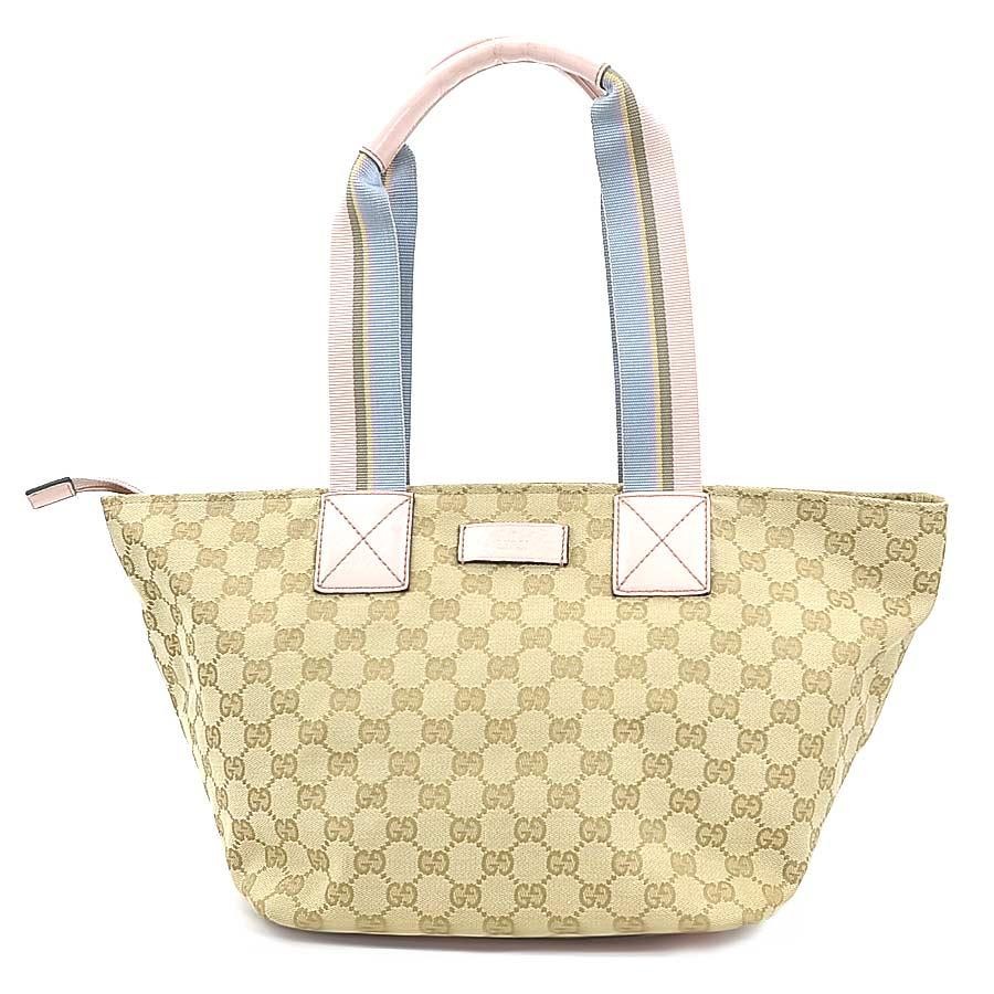 Gucci GG Canvas Leather Tote Shoulder Bag in Beige Pink Blue