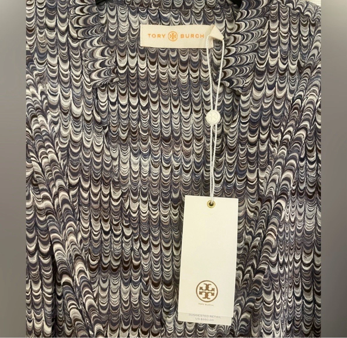 Abito midi Tory Burch in seta marmo navy nuovo con etichette taglia 6 $550