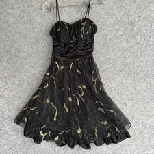La Scala Dress Womens Medium Black Gold Floral Made USA Satin Waist Whimsigoth
