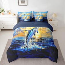 Marlin Swordfish Comforter Set with Sheets Fishing and Hunting 7 Piece Beddin...