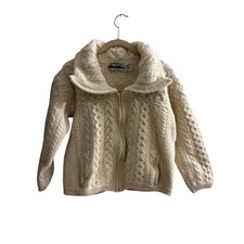 Aran Crafts Ireland Kids 100 Merino Wool Full Zip Cable Knit Cardigan Cream L
