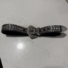 Womens Black Leather Western Rhinestone Studded Belt Silver Buckle Size Small