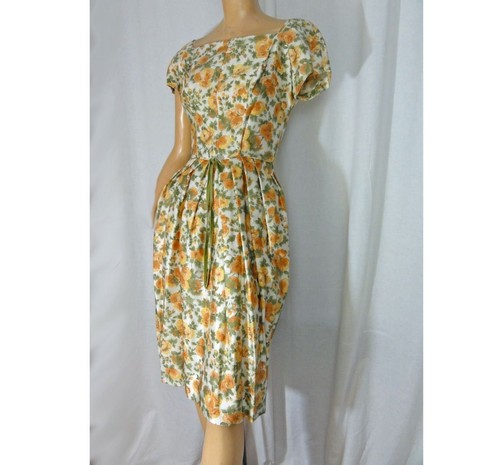 Vintage 1960s Dress Silk Bubble Skirt Gold and Green Floral Rose Print Deadstock - Picture 6 of 10