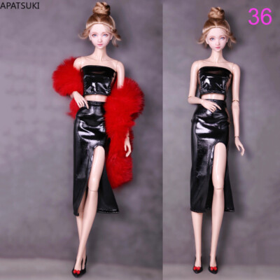 Red Shawl Scarf Clothes Set for 11.5'' 1/6 Dolls Outfits Leather Top Split Skirt