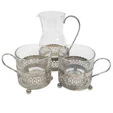 Duralex Glass Espresso Coffee Tea Cups Creamer France Reticulated Silver Plate