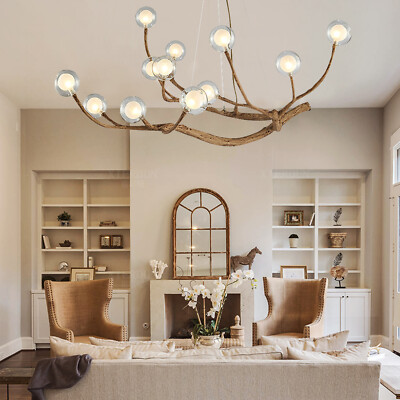 12-Lights Wood Branch Chandelier Ceiling Light Pendant Lamp Led Lighting Fixture