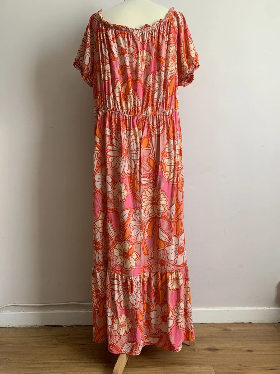 Matalan Papaya Curve Size 26 Orange Pink Floral Bardot Maxi Dress