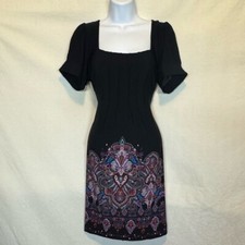 F-104 Ice Black & Colorful Print Pleated Short Sleeve MIDI Dress Size 10
