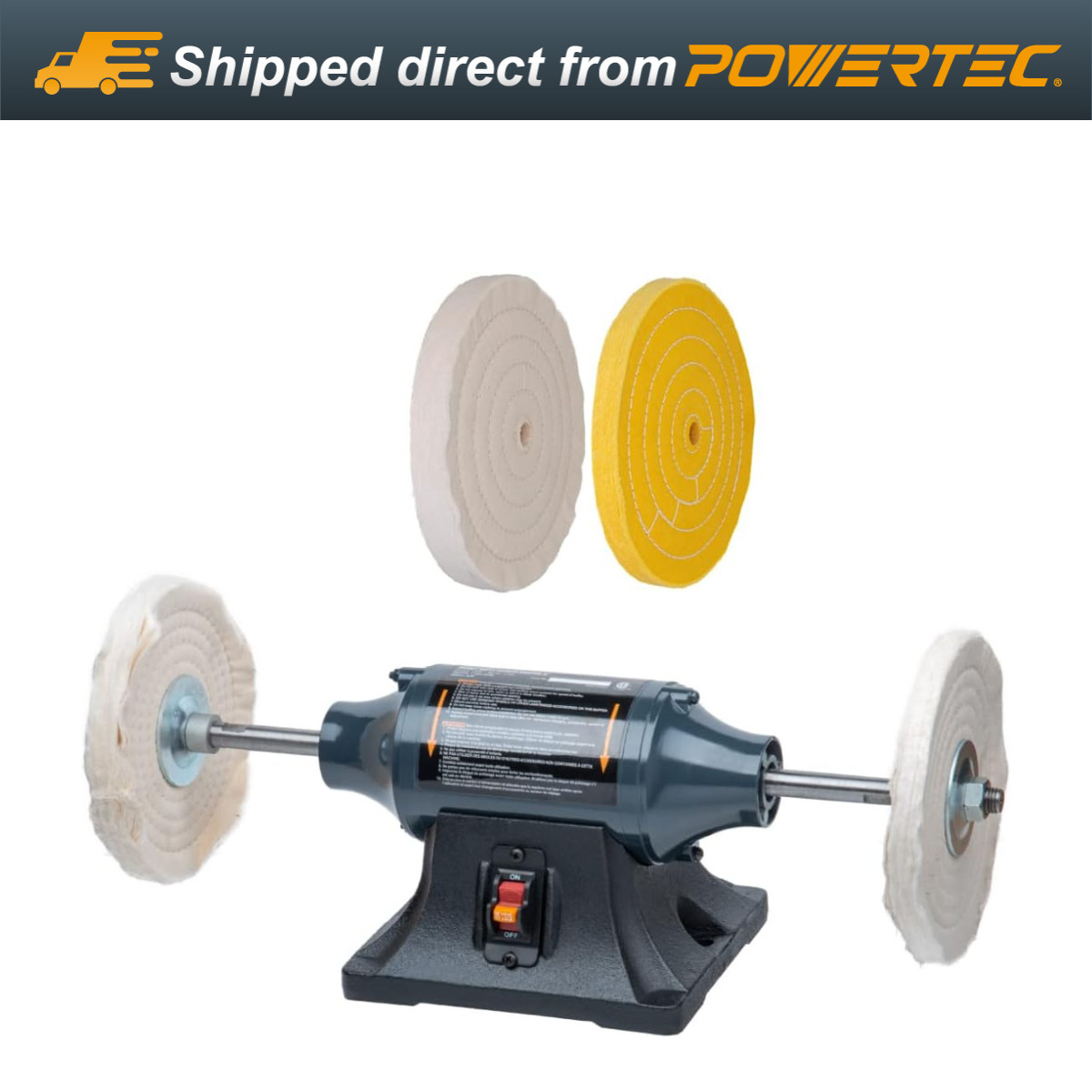POWERTEC BF800C Slow Speed & Long Shift Bench Buffer Polisher, 2 Extra Wheels