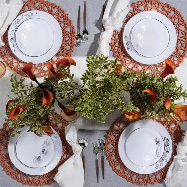 10个圆形晚餐塑料盘子餐具适用于10个兰花白色和银色10英寸 — 第 4/4 张图片