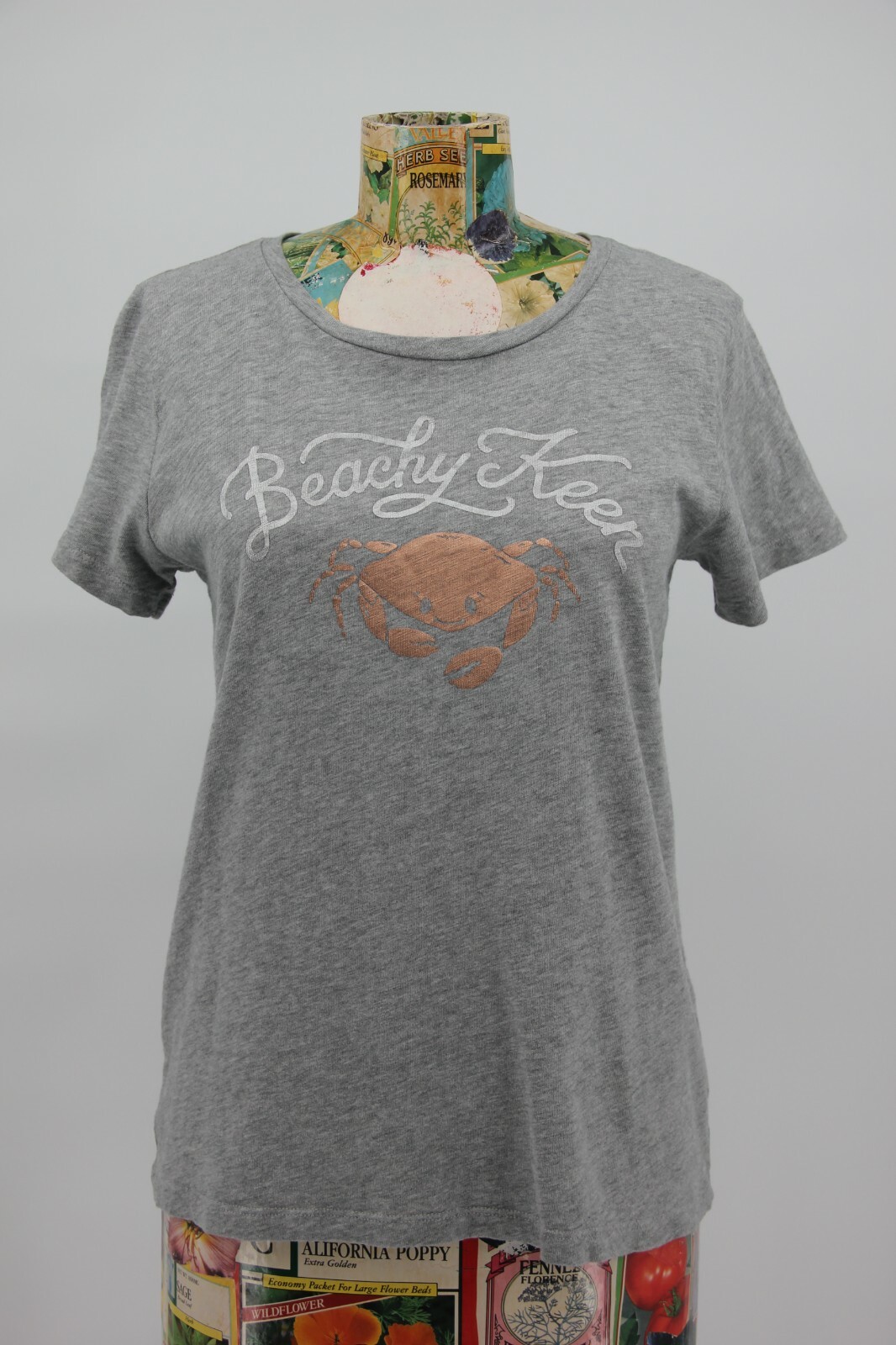 T shirt donna J Crew taglia S grigia Beachy Keen granchio rame da collezione 100% cotone 480