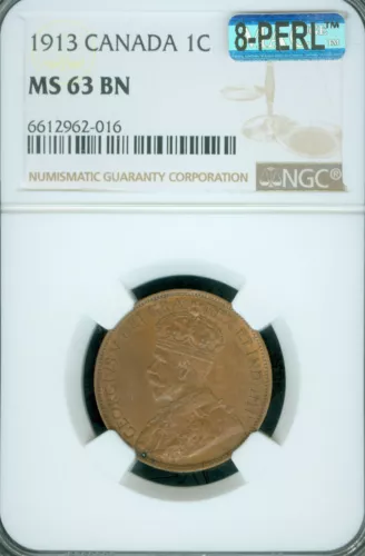 1913 CANADA LARGE CENT NGC MS63 BN MAC 8PERL FIRST STRIKE *