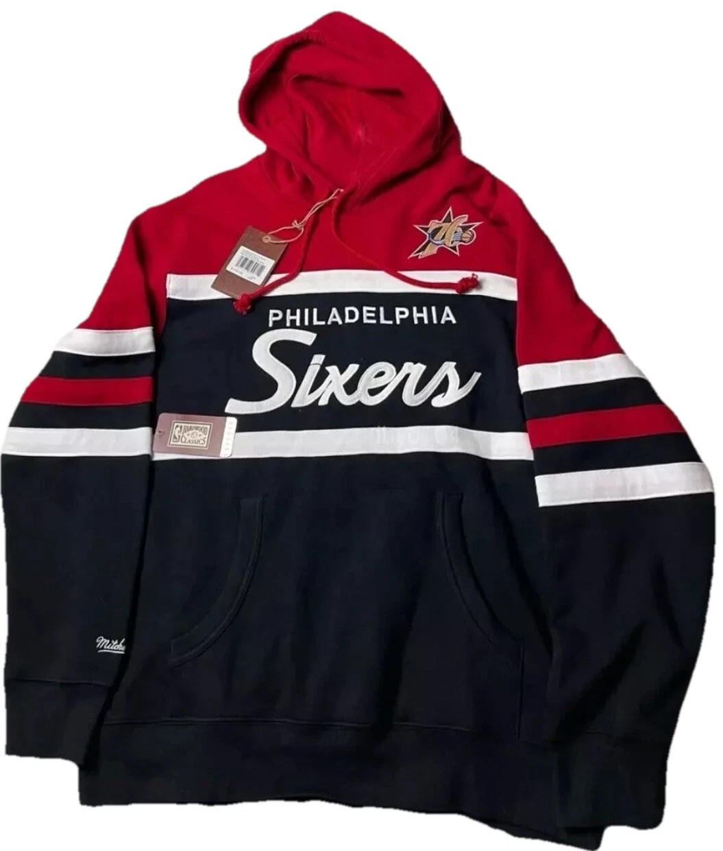 FELPA CON CAPPUCCIO MITCHELL & Ness philadelphia 76ers l script head coach hwc nuova con etichette nba