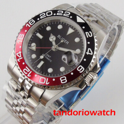 Bliger GMT Automatic Men Wristwatch Sapphire Crystal Date Red Black Bezel cyclop
