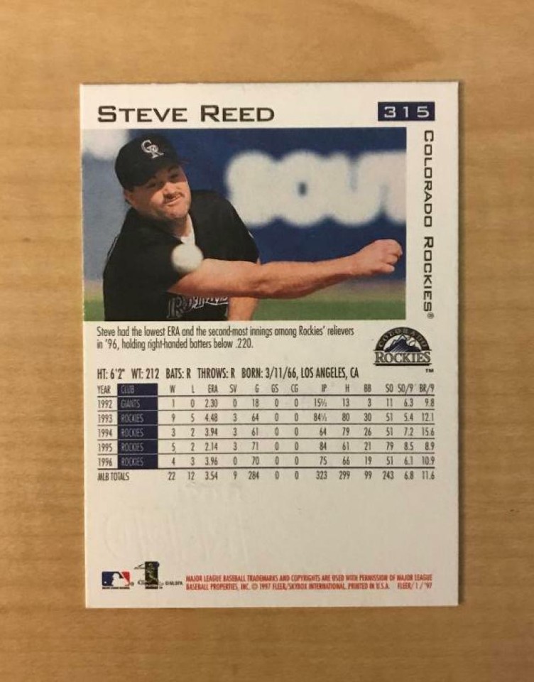 STEVE REED COLORADO ROCKIES SIGNED AUTOGRAPHED 1997 FLEER CARD #315 W ...