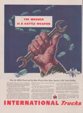 1945 Print Ad International Trucks The Wrench is a Battle Weapon Hand-O-God