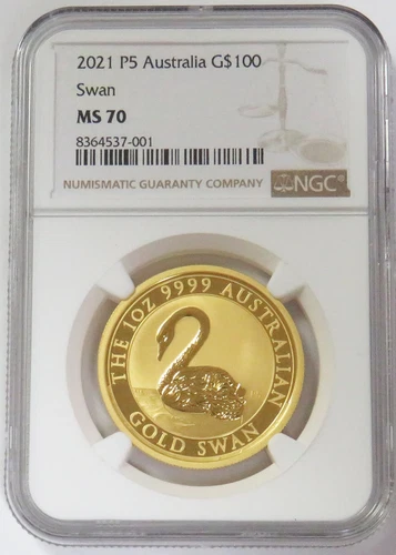 2021 P5 GOLD AUSTRALIA $100 SWAN 1 OZ NGC MINT STATE 70