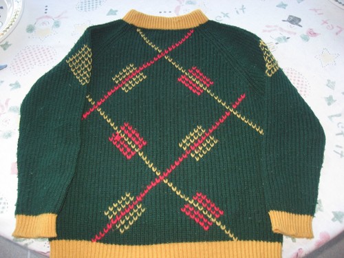Vintage Late 1960's-Early 1970's Boy's Long Sleeve Dark Green Sweater Gold Trim
