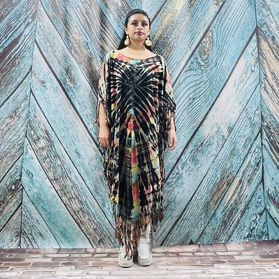 boho poncho dress Arlo Hand Tiedye Tie Dye Maxi Festival Tunic Top Fringe Kaftan The flowing fringe hem