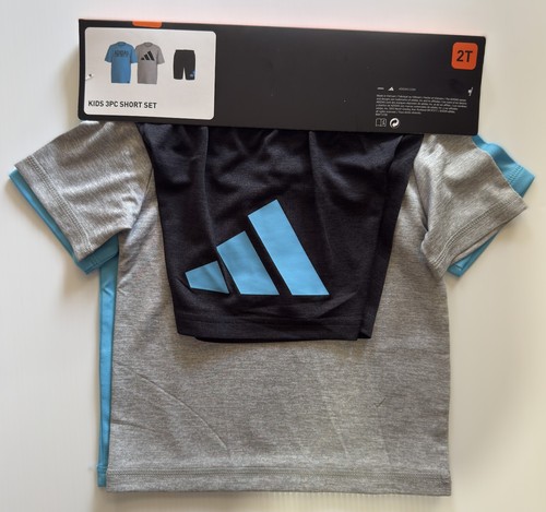 NEW Adidas Boy's 3-Piece Set Tee Shirts And Shorts Blue /Green - Picture 2 of 11