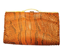 Vintage Genuine Snakeskin Clutch Purse Frame Bag Brown Leather Exotic Retro