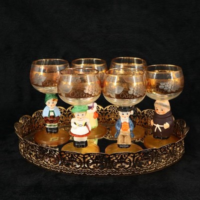 VTG Goebel Hummel Figural Roemer Wine Goblets Set 6 Amber Base + Tray